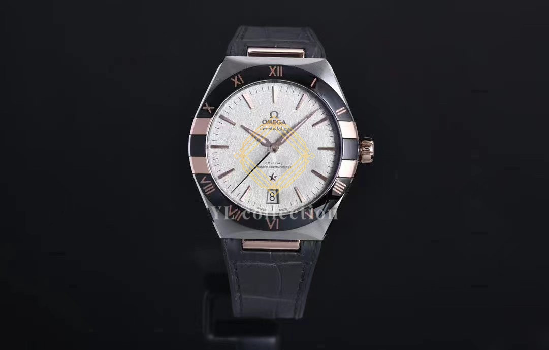 오메가 컨스텔레이션 41mm 블랙 세라믹 스테인리스강/로즈골드 레더 스트랩